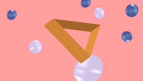 animación de bucle de ciclo 3d de bolas coloridas con triángulo. diseño de movimiento sin costuras. esferas rosas y azules sacudiendo. imagen en vivo en colores pastel. póster animado moderno minimalista. geométrico