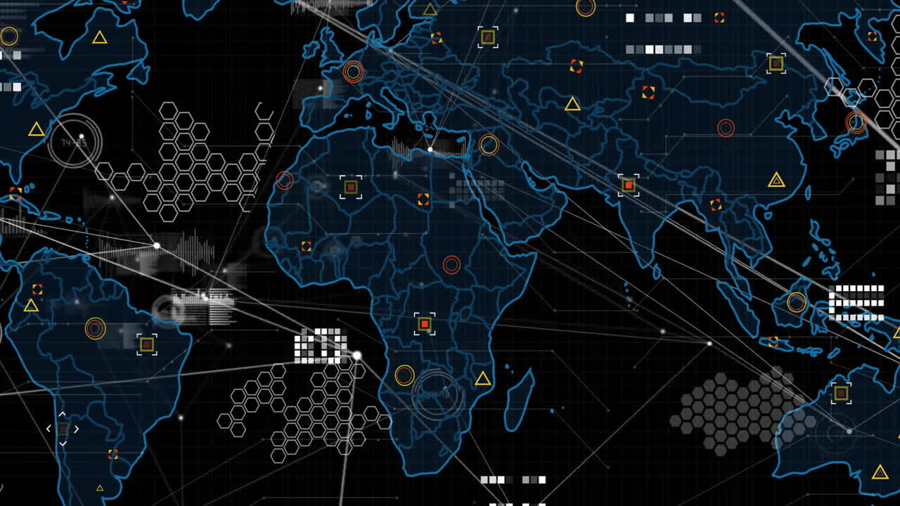 Animating world map with data points and network connections over dark grid background