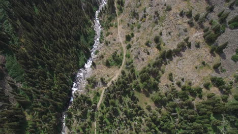 Aerial-bird's-eye-view-of-forest,-trail-and-river-lands-of-Montana