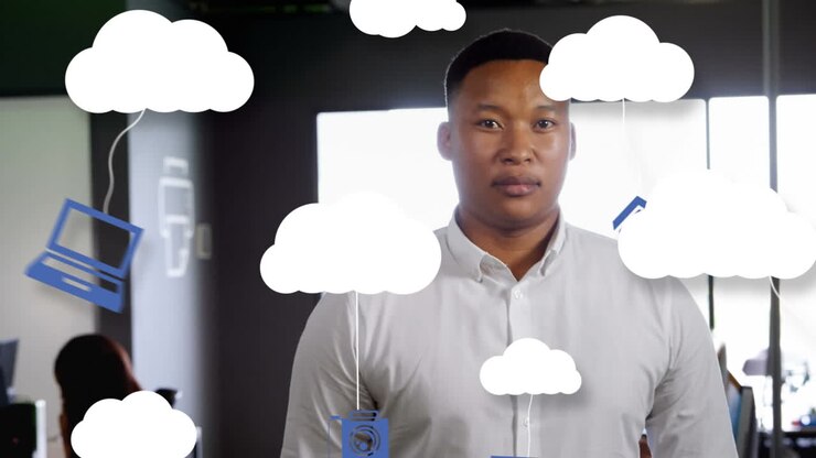 Animation of network of digital icons and clouds over businessman in office