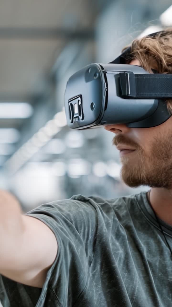 Immersive Virtual Reality Experience: A Man Engaging with Advanced VR Technology and Gaming Environment in a Modern Facility