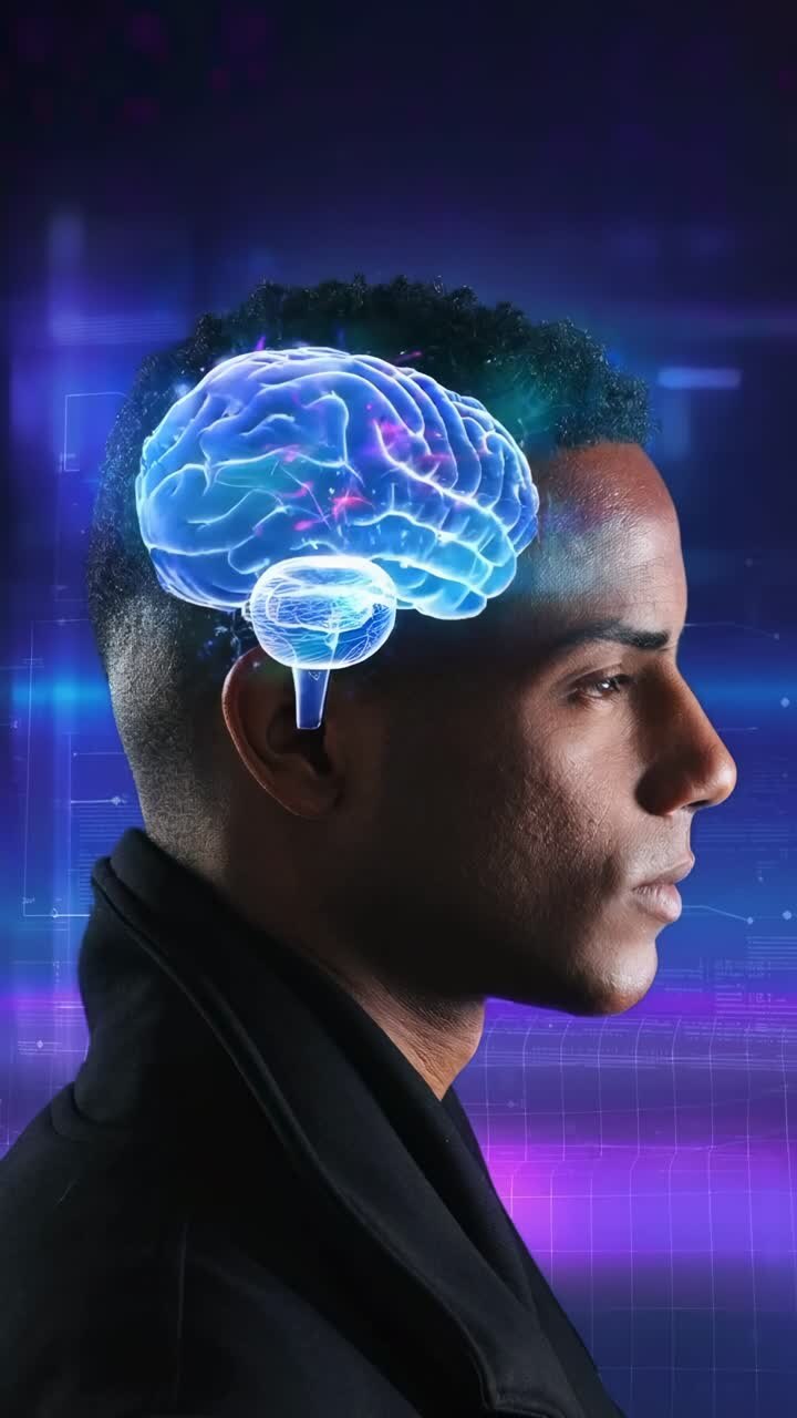 Profilo laterale di un uomo con una sovrapposizione di cervello digitale, ripreso da un'angolazione laterale, video futuristico.