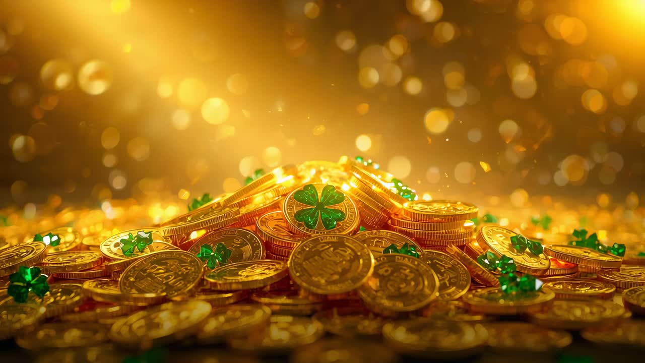 Pila reluciente de monedas de oro y medallas de trébol captando la luz superior izquierda, enfatizando el trébol verde