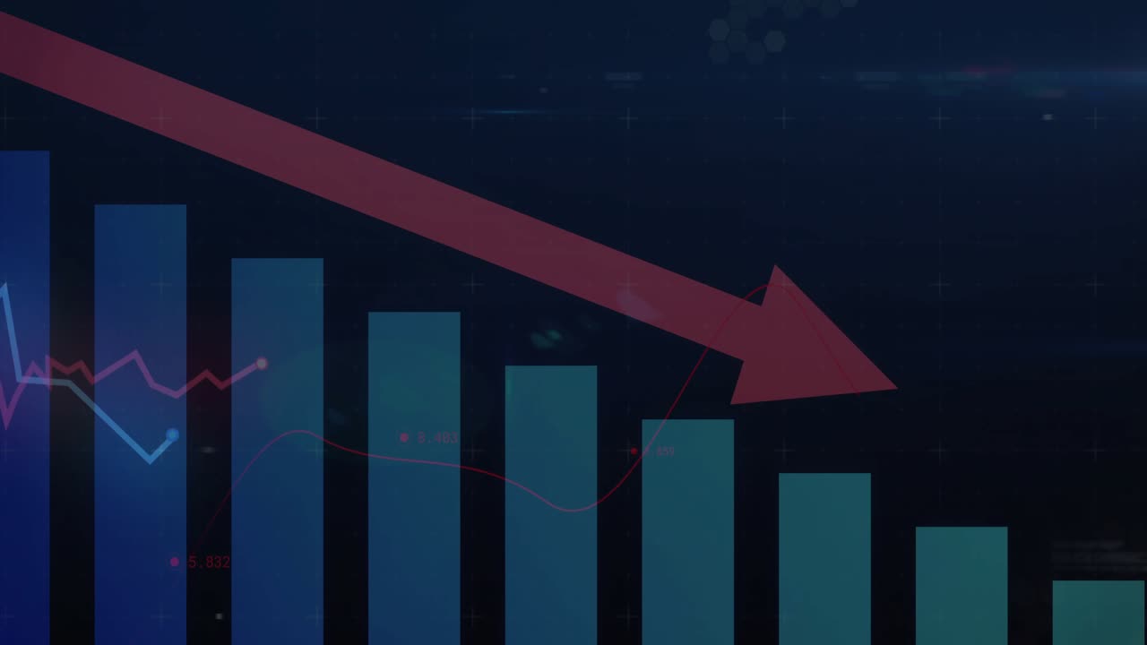 Red arrow appearing sliding across bar chart and duotone line graph oscillating highlighting drop