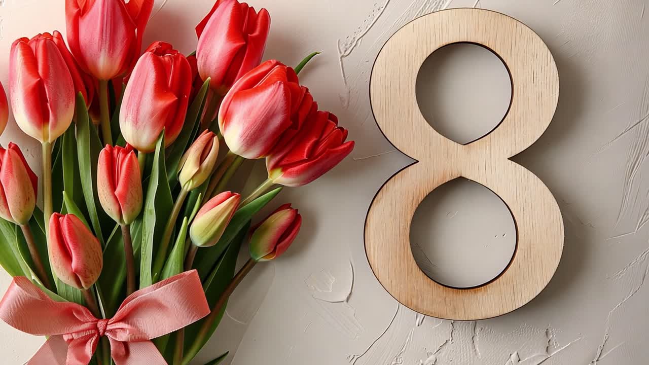 Red Tulips Bouquet with Wooden Number 8 for International Women's Day