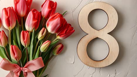 red tulips bouquet with wooden number 8 for international women's day