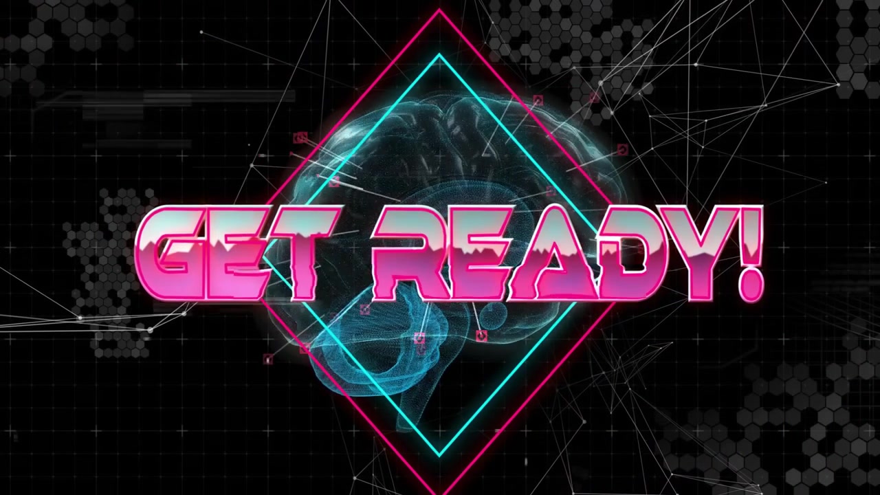 Neon pink letters sliding across wireframe brain assembling GET READY text signaling data launch
