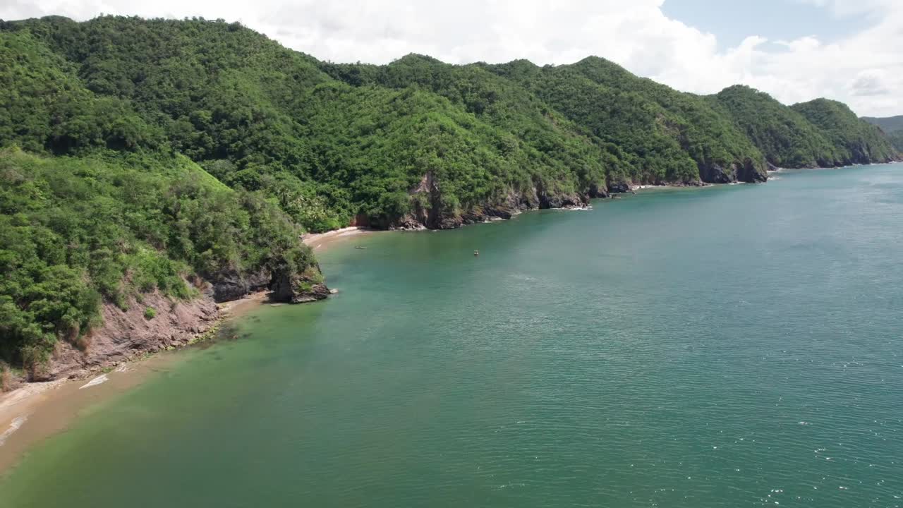 Aerial view of a beautiful, pristine tropical beach with palm trees and calm sea water on a sunny day