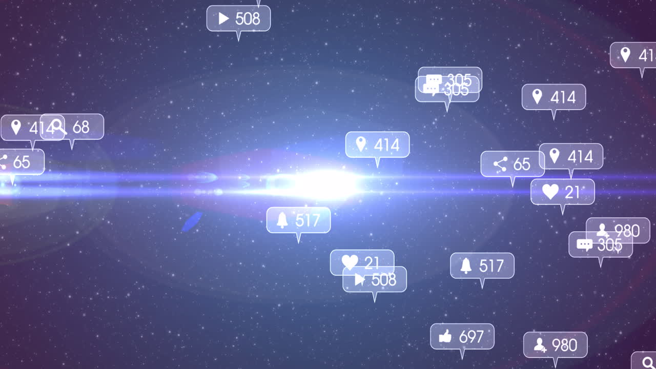 밤하늘의 별 위에 회색 배너에 있는 소셜 미디어 아이콘과 숫자의 애니메이션