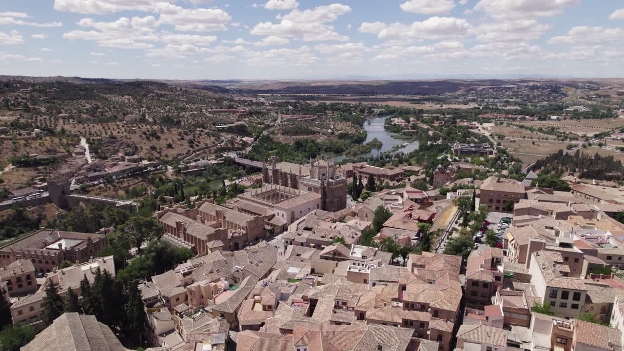Monastery of San Juan de los Reyes in city of Toledo in Spain, aerial shot
