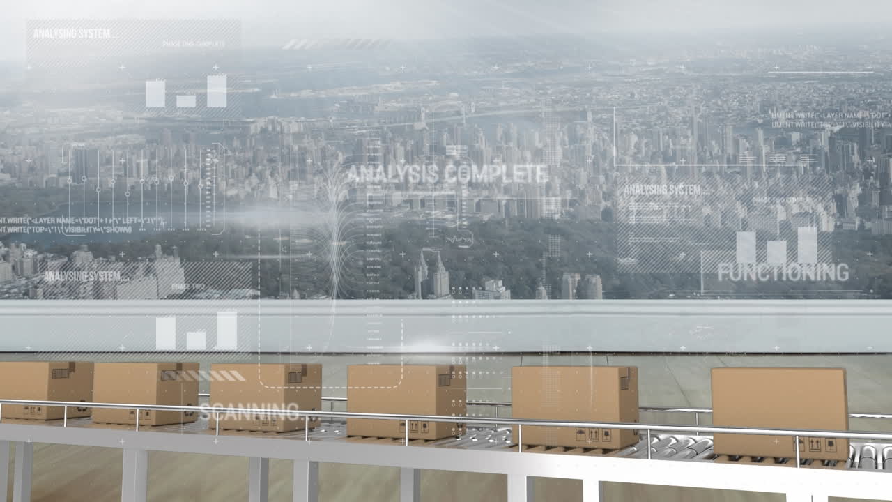 컨베이어 벨트와 도시 풍경에 있는 카드보드 상자 위의 통계 처리의 애니메이션