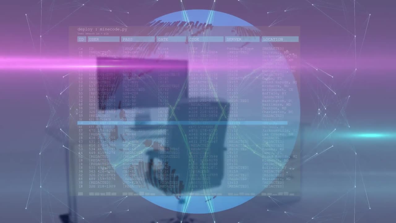 animación de globo, puntos conectados y interfaz abstracta sobre una oficina vacía con silla y escritorio.