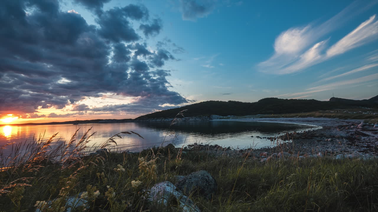 Dark Clouds Over Breivika Bay In Donna Island, Helgeland, Norway During Sunset. timelapse
