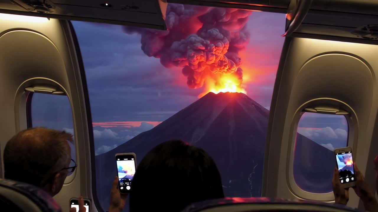 승객들이 비행기 창문에서 화산 폭발을 찍습니다.