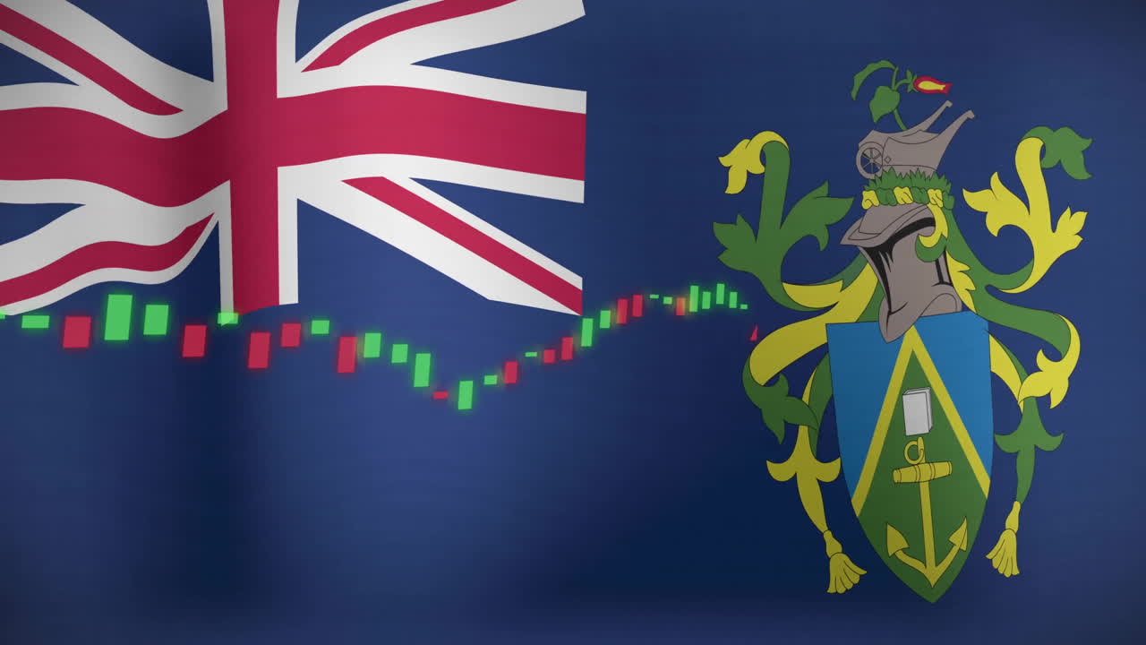 영국 국기와 국호 위의 주식 시장 차트 애니메이션