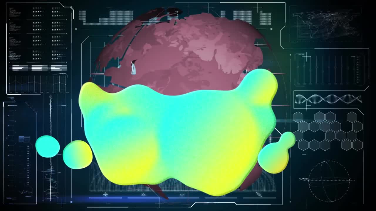 Animation of glowing blob over globe and data processing on screen