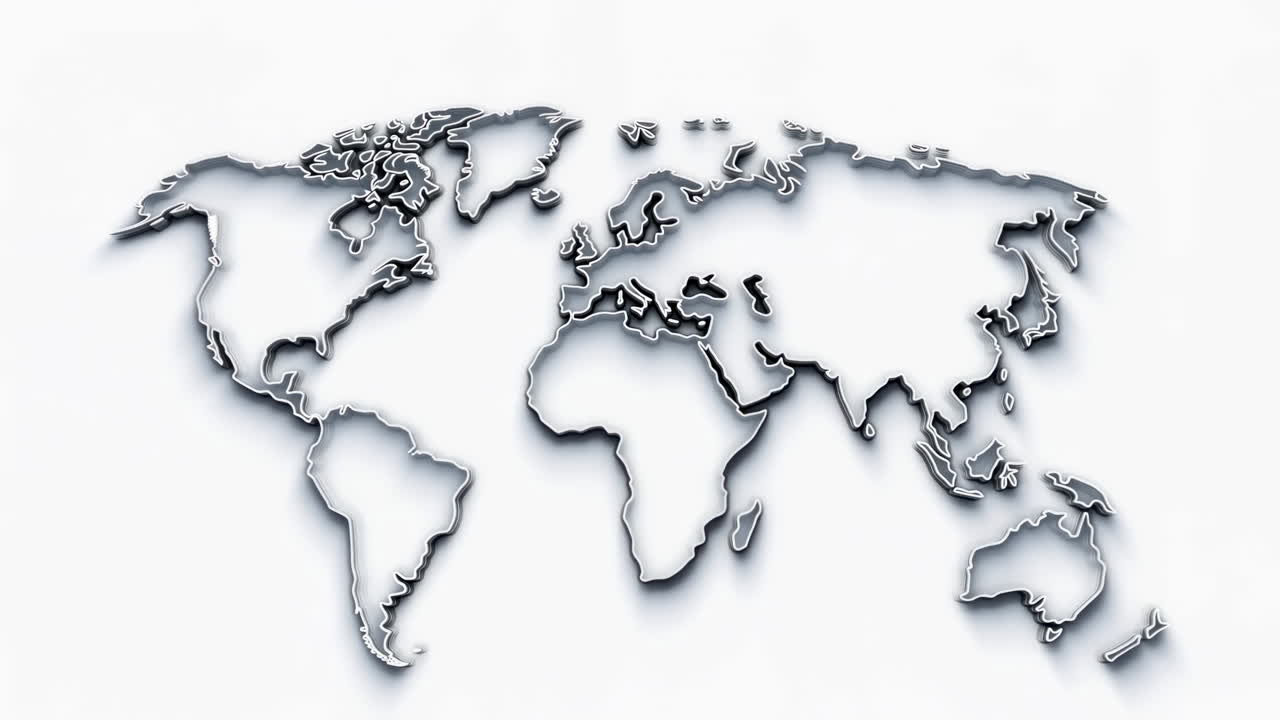 Minimal White World Map With Shadows, Clean Cutout Continents Cast Soft Drop Shadows On Bright White