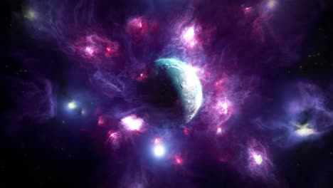 distant exoplanet surrounded by a glowing purple nebula