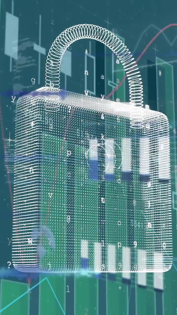Animation of data processing and padlock on blue background