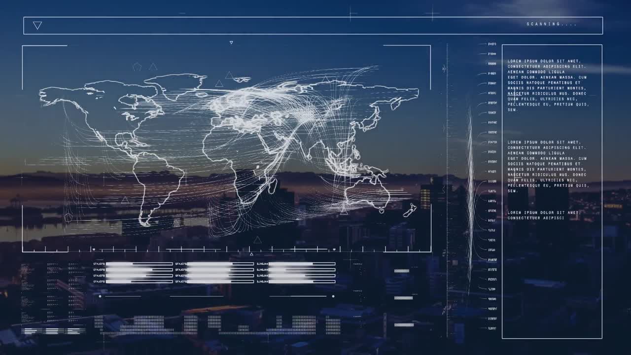Animation of financial data processing and world map over cityscape