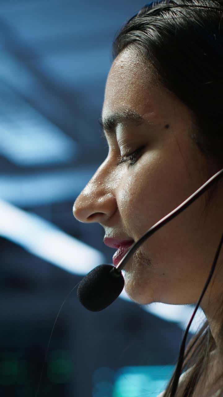 Nærbilde av profil av en kvinne som snakker i et headset med mikrofon