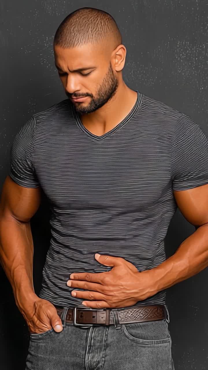 Un momento contemplativo capturado en dos fotogramas, mostrando a un hombre con una camisa de rayas ajustada, exhibiendo emoción e introspección contra un fondo texturizado.