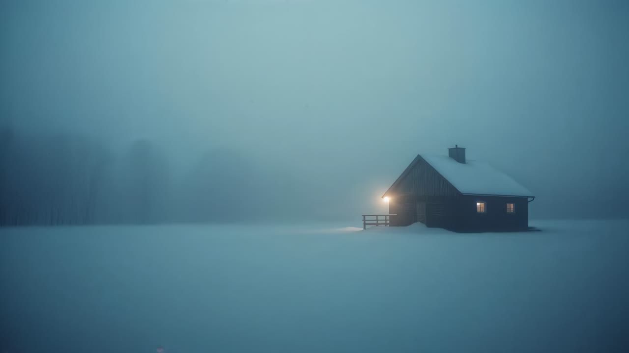 Zooming camera toward wooden cabin on snowfield, revealing porch light, two windows, copy space