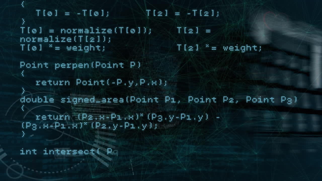 Animation of data processing and network of connections over black background