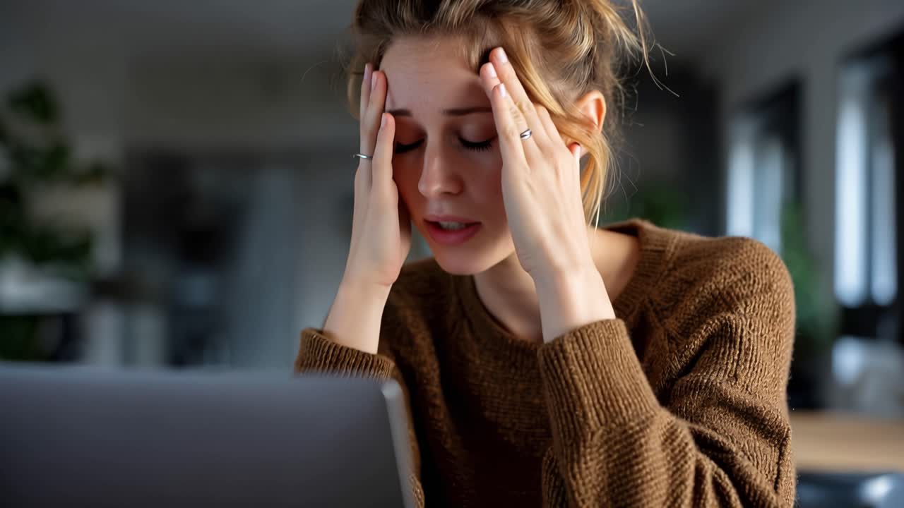 Mujer apoya las manos cerca de su rostro, ojos cerrados. Lleva un suéter de punto cálido. Su cabello está recogido en un moño despeinado. Parece pensativa o cansada. Concentrada en la pantalla de un portátil con luz suave