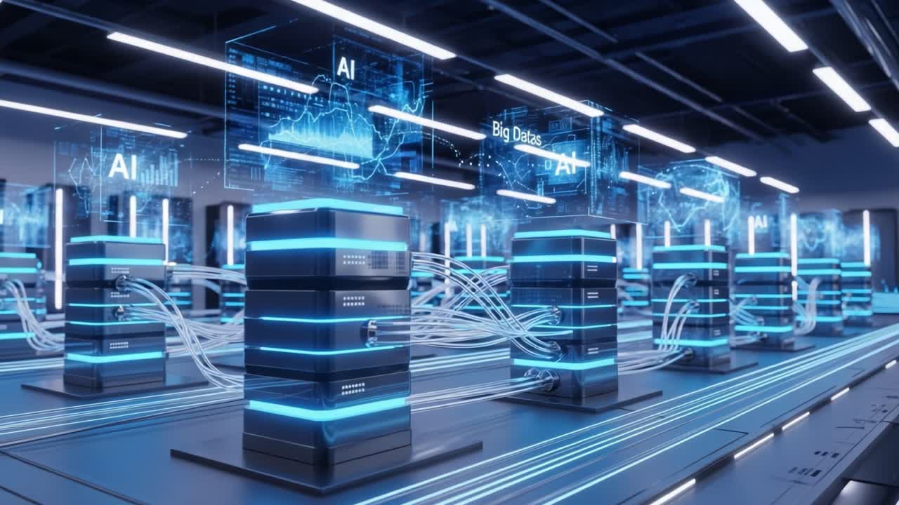 A Futuristic Data Center Featuring Advanced AI Technology and Big Data Visualizations, Showcasing High-Performance Servers with Innovative Lighting and Connectivity