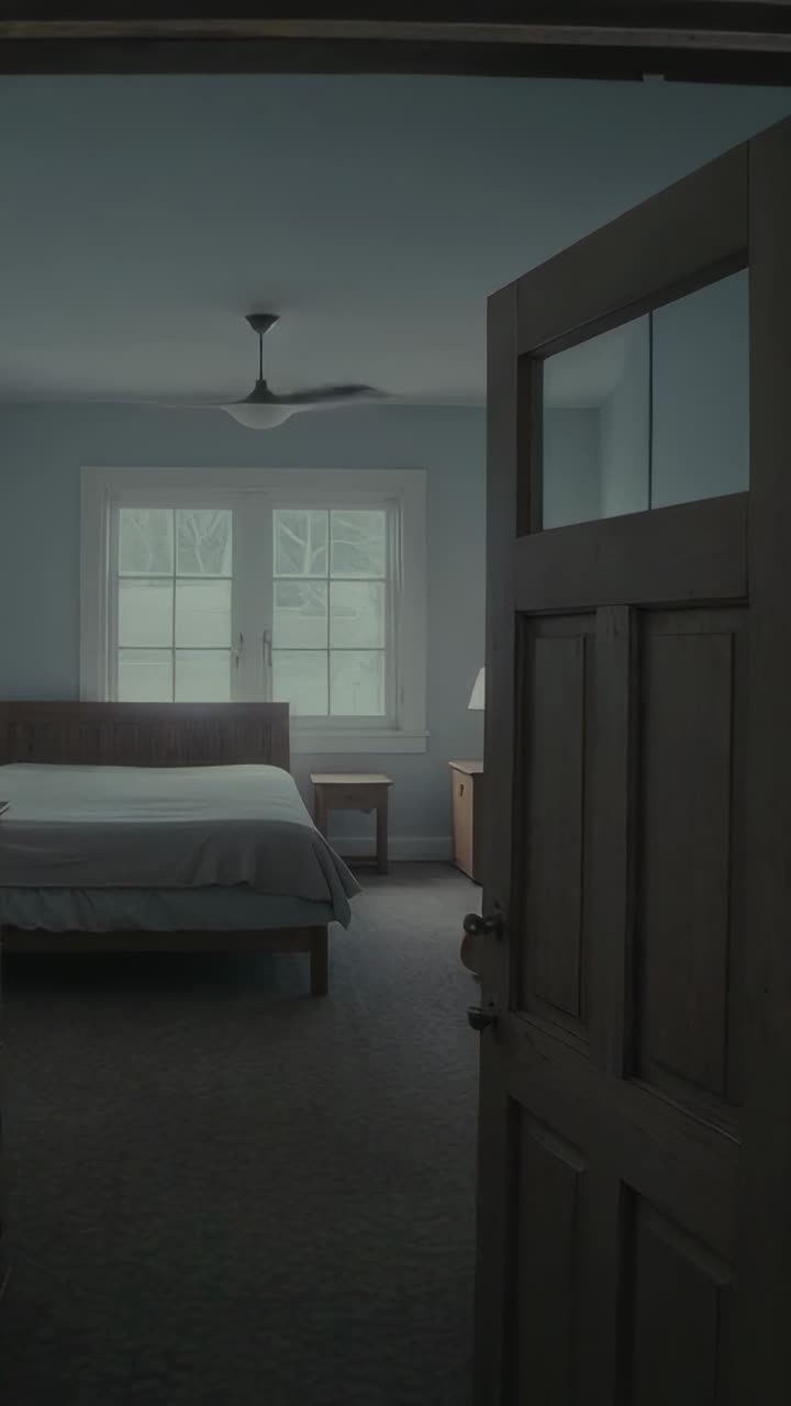 Apertura di una porta in legno a pannelli che rivela una camera da letto dal corridoio, mostrando letto, lampada, ventilatore e spazio per il testo.