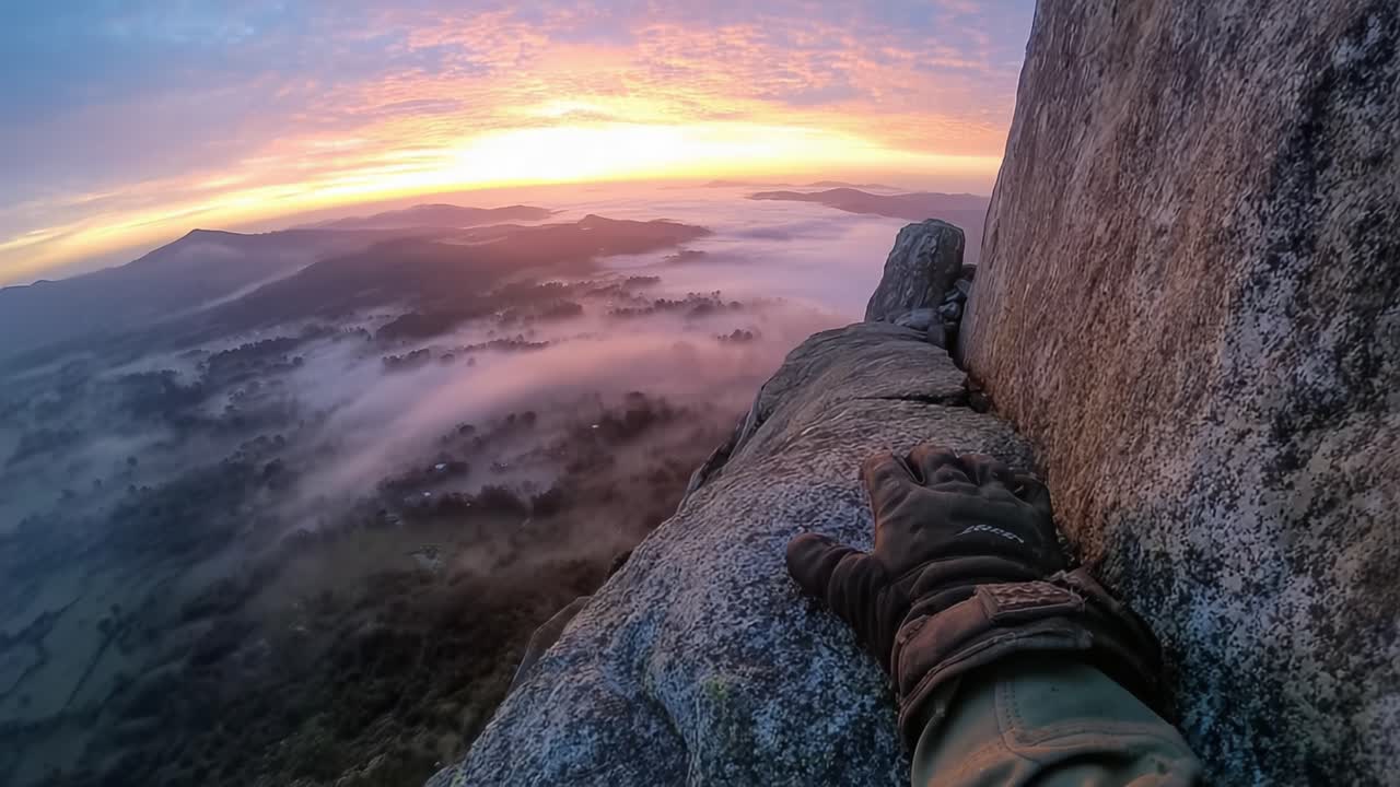 Captivating Sunrise Over Misty Valley: A Climber's Perspective from a Rocky Edge Highlighting Nature's Beauty and Serene Landscape at Dawn