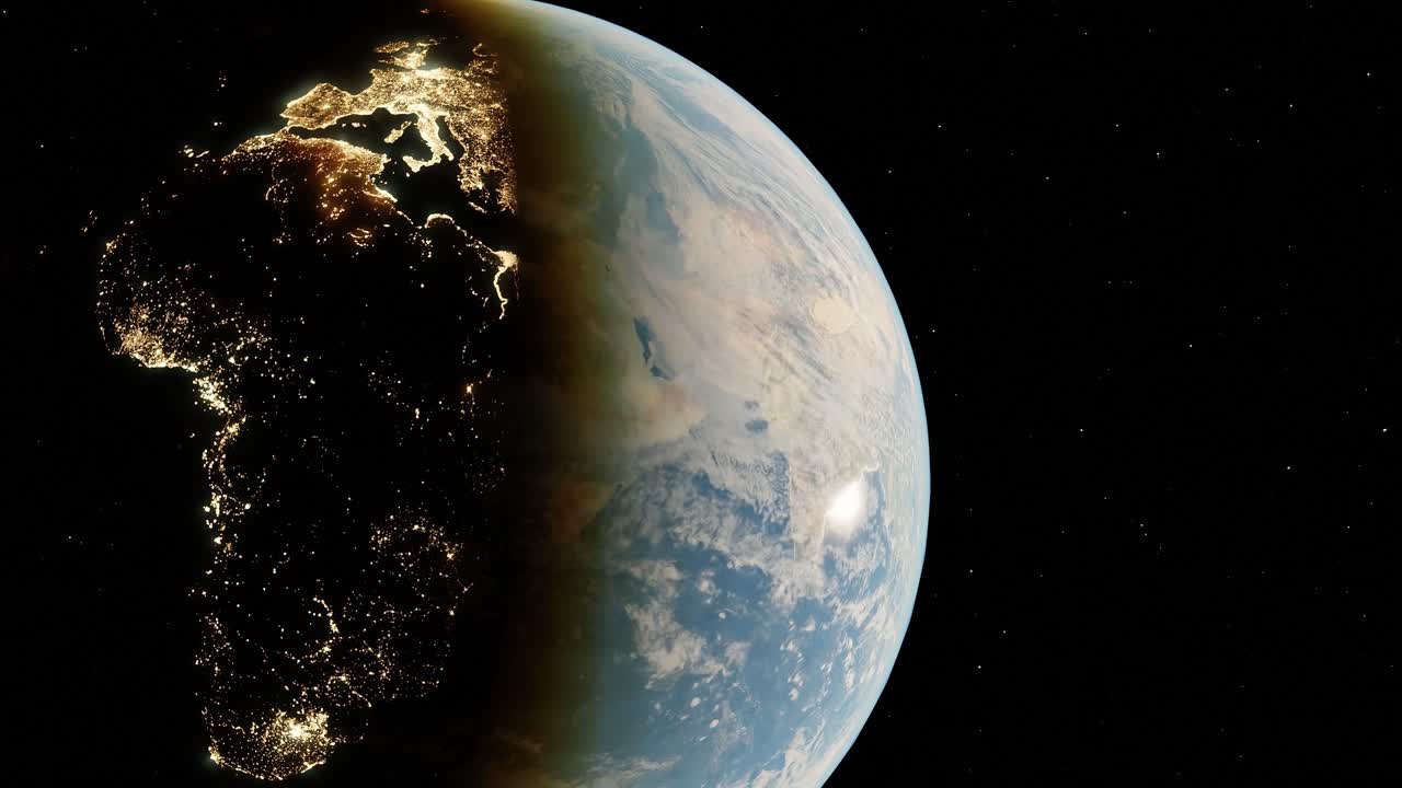 planeta tierra vista desde el espacio con europa y áfrica oriente medio continente iluminado por la noche cuando el día se convierte en noche, contaminación lumínica electricidad agenda 2030 concepto