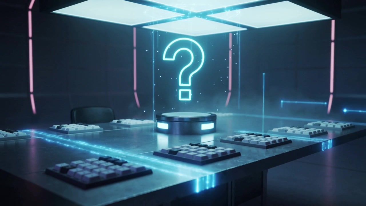 Activating pedestal projecting cyan hologram question mark above table in tech chamber
