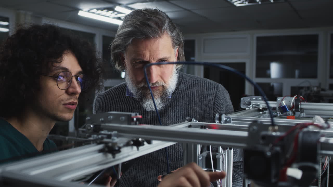 3d 프린팅 기계에서 일하는 두 사람