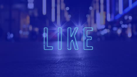 animation of like text over cityscape at night on blue background