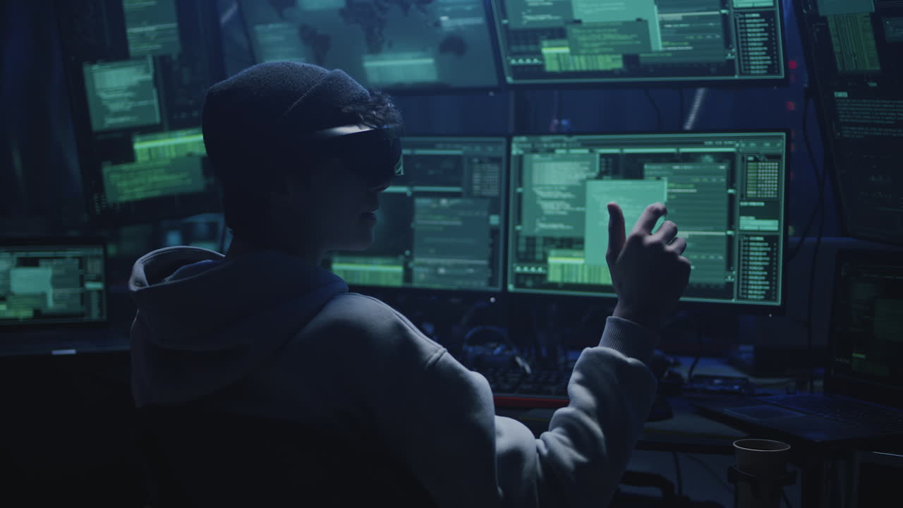 Young person using VR headset in a dark computer room filled with multiple screens displaying code