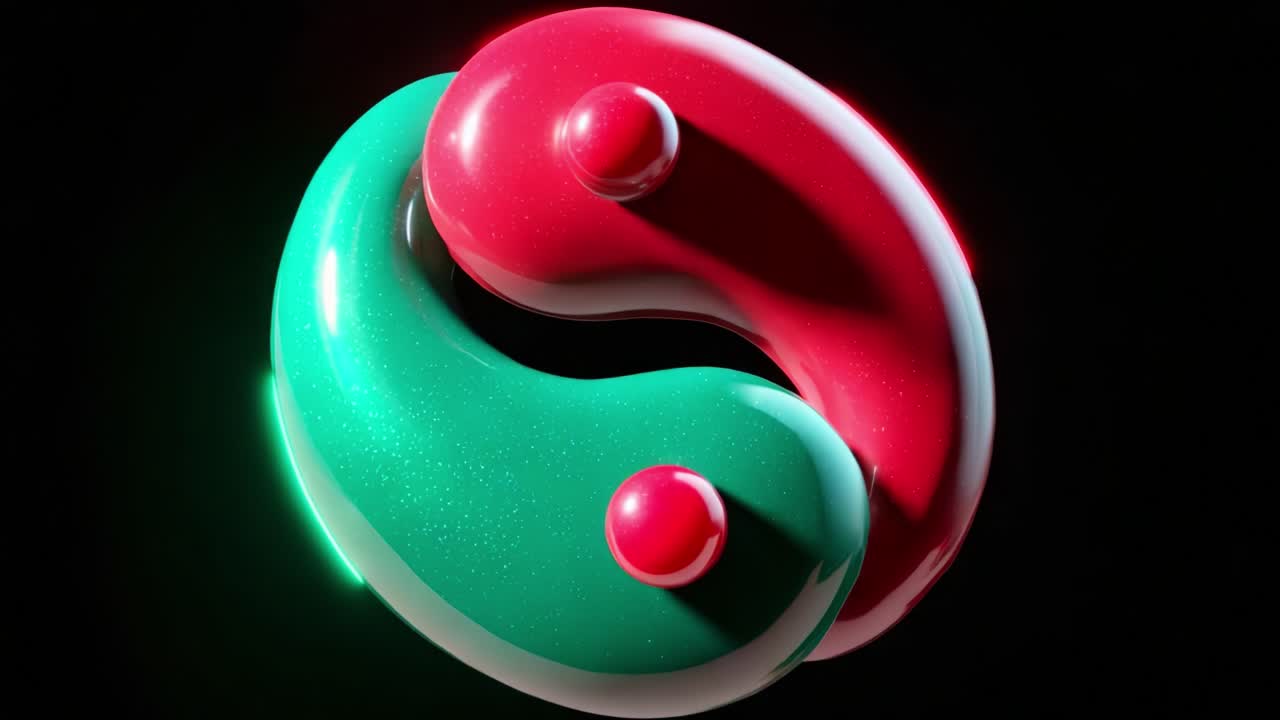 An Artistic Representation of Unity and Balance: A 3D Abstract Illustration Featuring Intertwined Red and Green Forms, Highlighting Polished Surfaces and Dynamic Curves Against a Dark Background