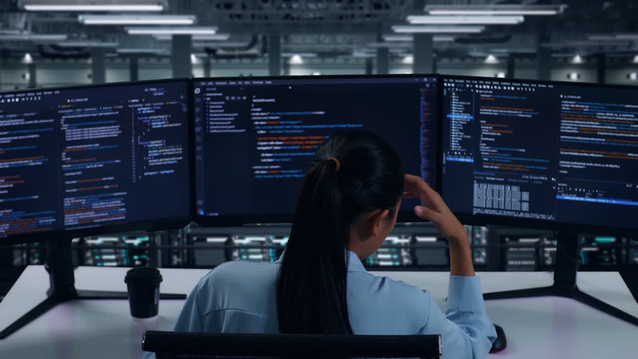 Back View Of Asian Woman Developer Having Headache While Write Code With Multiple Computer Screens In Data Center