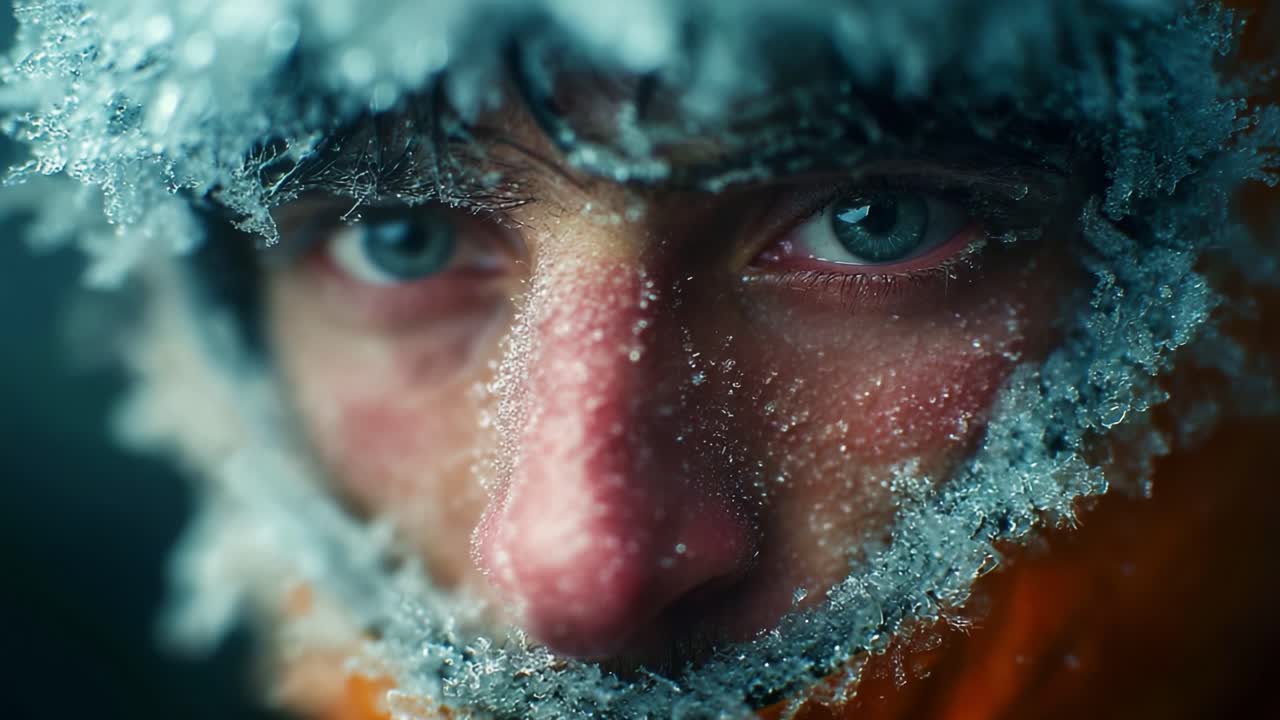 A close-up view of an individual with frost-covered features, showcasing intense blue eyes and a determined expression, encapsulating the challenge of survival in extreme cold conditions