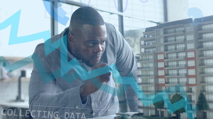 Graph and data processing over african american male architect studying building model