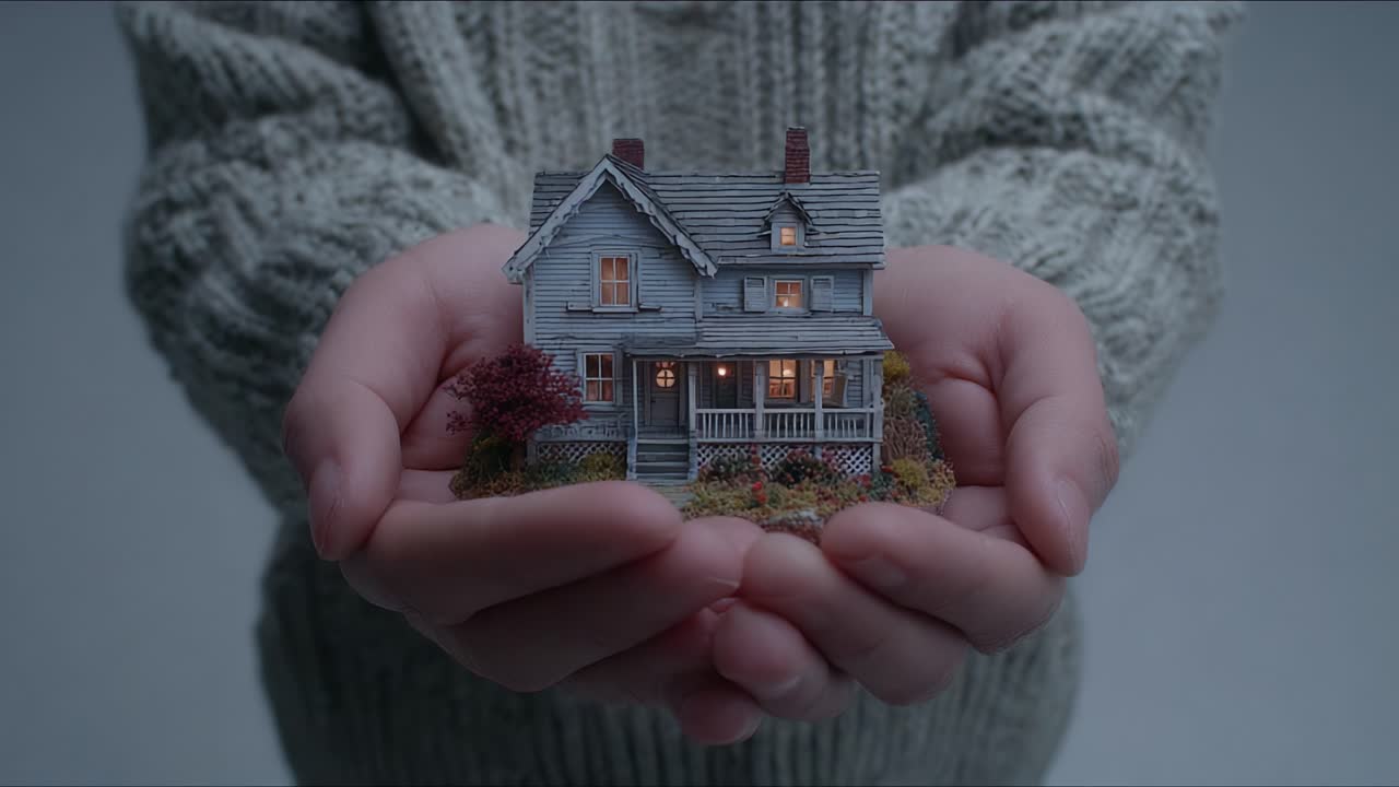 Een teder moment, vastgelegd door handen die een prachtig gedetailleerd miniatuurhuis vasthouden, dat staat voor comfort, nostalgie en de essentie van thuis in een gezellige omgeving