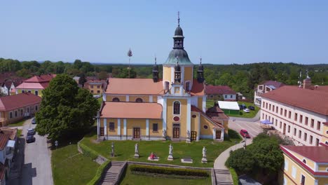 Spectacular-aerial-top-view-flight-Church-on-hill-at-village-Chlum-in-czech-republic-Europe,-summer-day-of-2023
