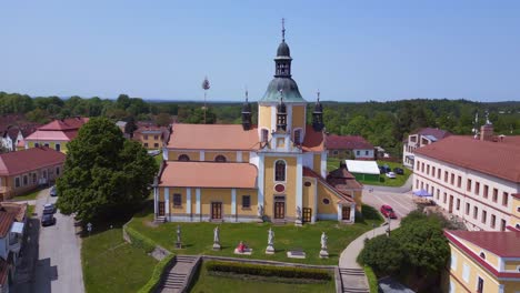 spectacular aerial top view flight church on hill at village chlum in czech republic europe, summer day of 2023