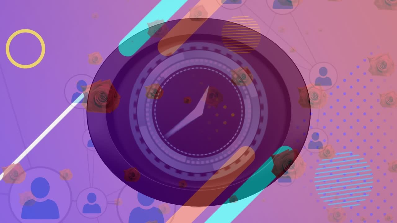 Animazione di forme astratte su orologio e icone di rose su una rete di icone di profili