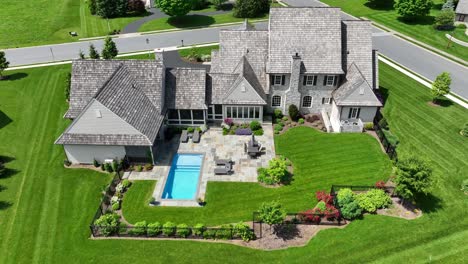 aerial top down of luxury mansion with swimming pool during sunny day