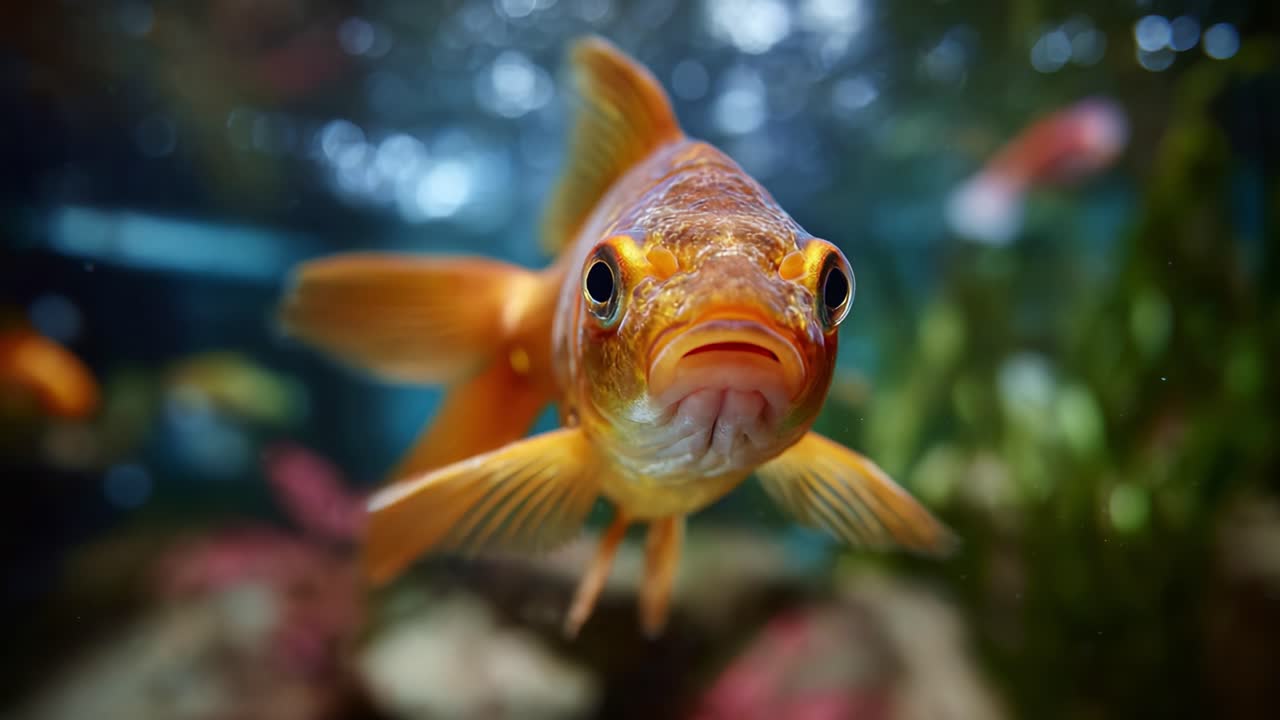 Avvincente primo piano di un pesce rosso dorato che nuota elegantemente in un acquario vivace, con piante subacquee e riflessi sullo sfondo