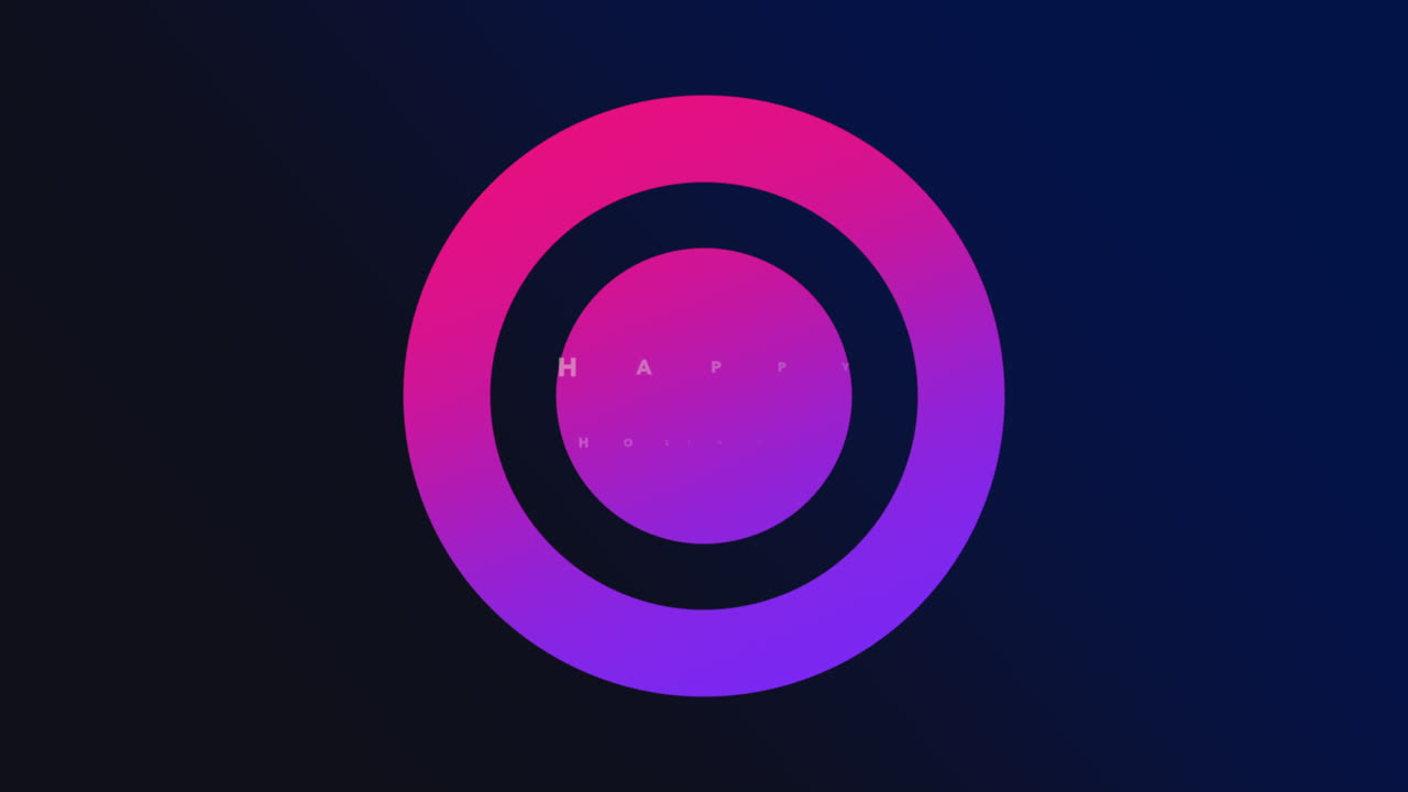 moderno círculo de felices vacaciones con gradiente púrpura y rosa en fondo azul oscuro