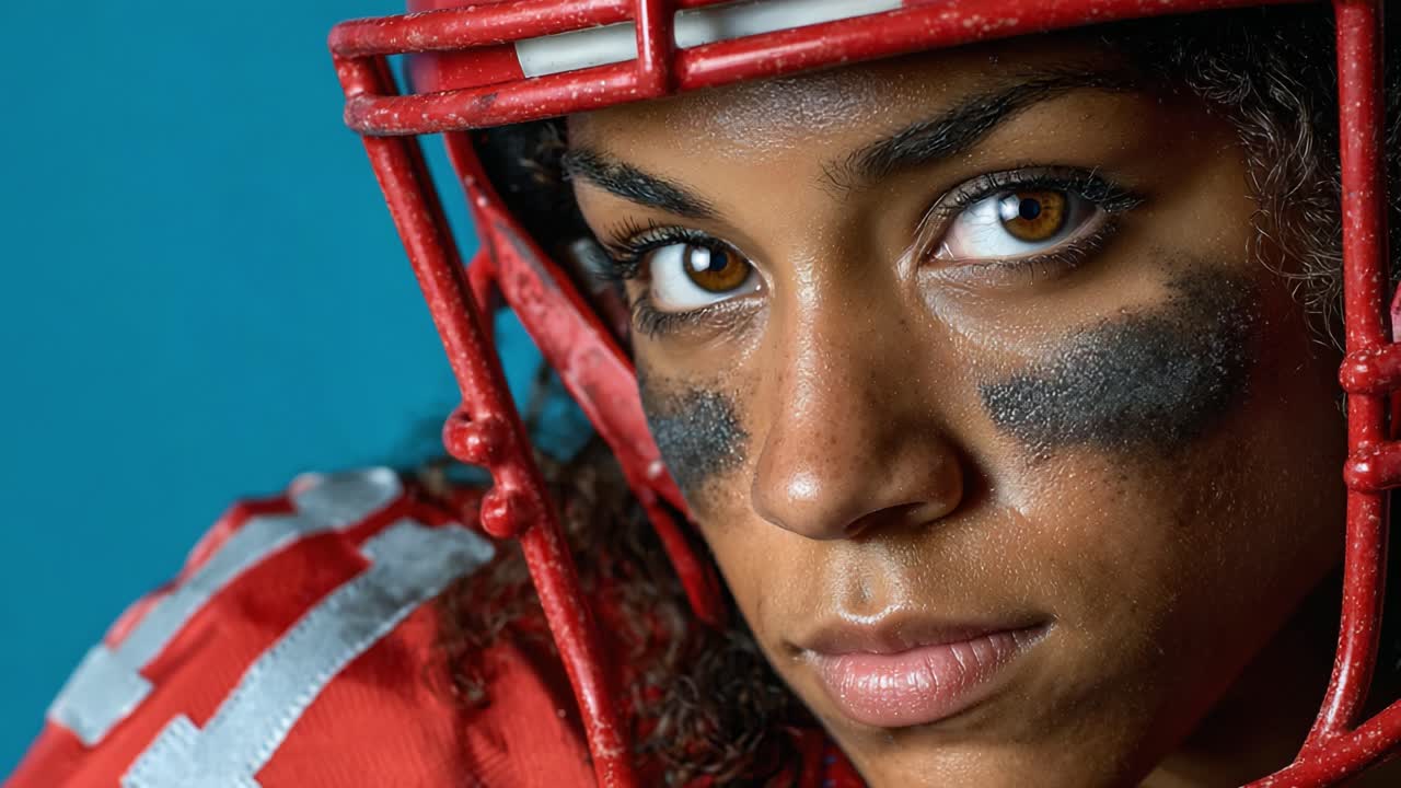 Determined Female Football Player Showcases Intense Focus and Grit in a Close-Up Portrait, Highlighting the Passion and Power of Women's Sports Amidst a Bold Backdrop