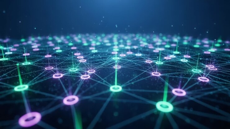 A Captivating Visual of Dynamic Network Connections: Exploring the Interconnected Nodes Glowing in Vibrant Purple and Green Hues on a Dark Background